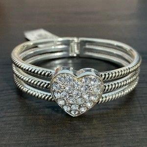 Silver Tone Rhinestones Heart Hinged Bracelet